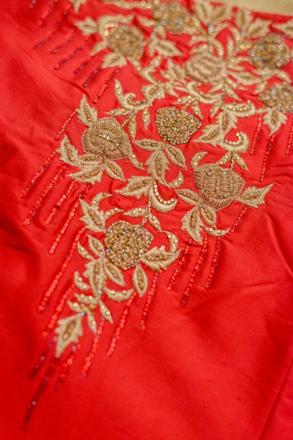 Red lehenga with floral design and golden bottom - Image 3