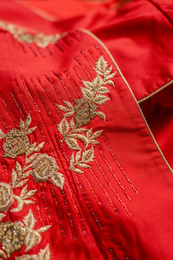 Red lehenga with floral design and golden bottom - Image 4
