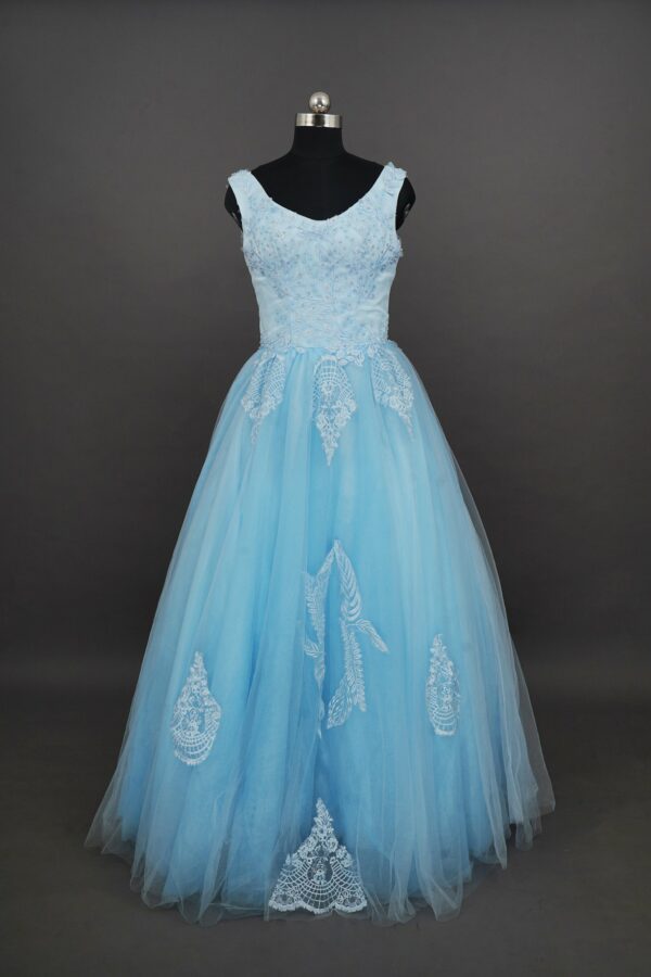 Sky blue with floral top design and net bottom lehenga