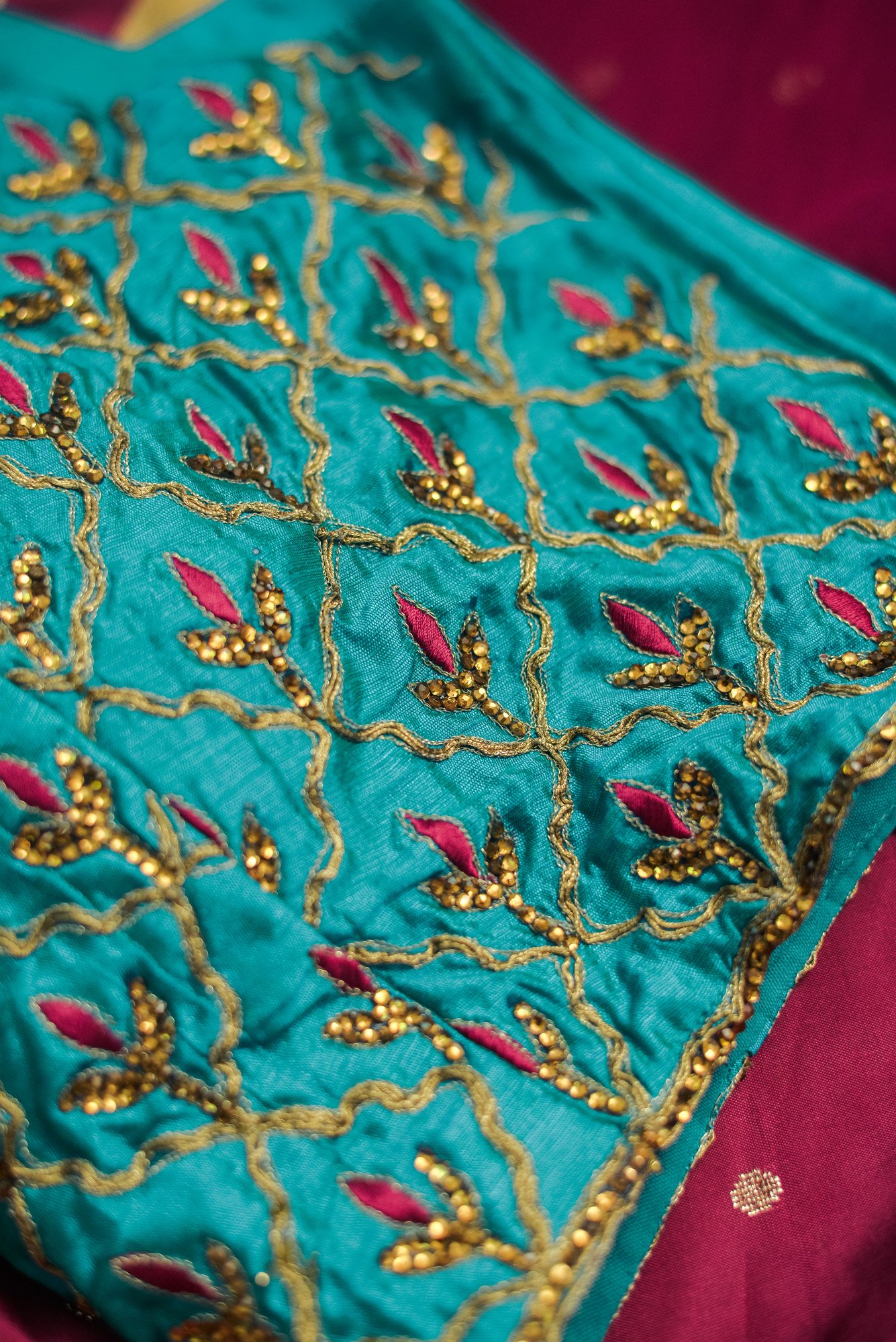 Turquoise blue floral design top with magenta bottom lehenga - Image 3