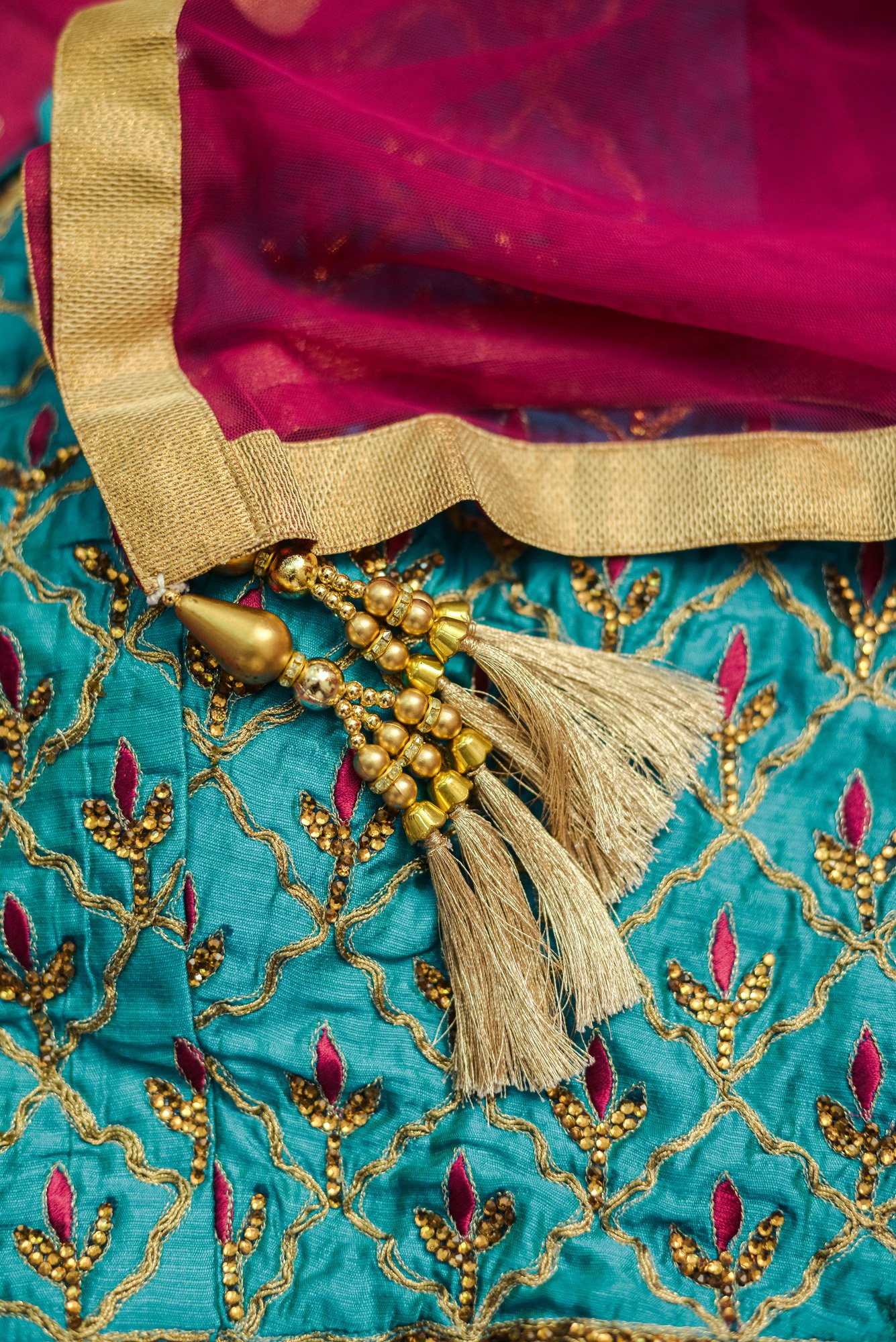 Turquoise blue floral design top with magenta bottom lehenga - Image 4