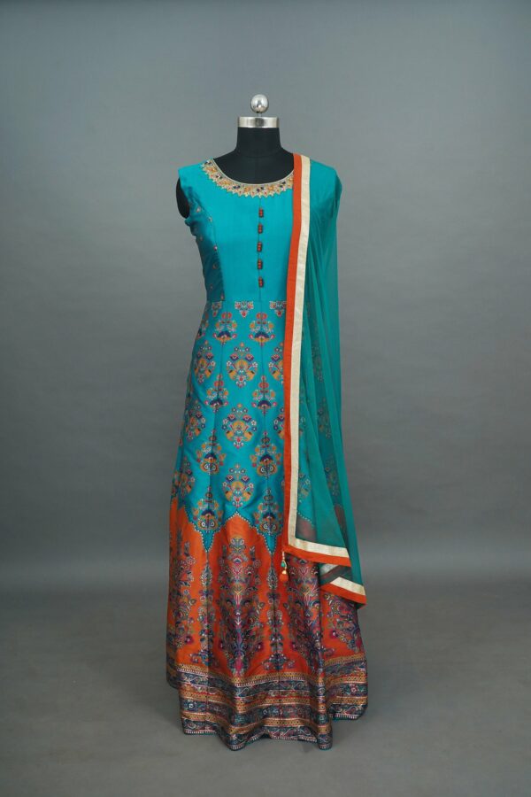 Turquoise blue with orange design bottom lehenga