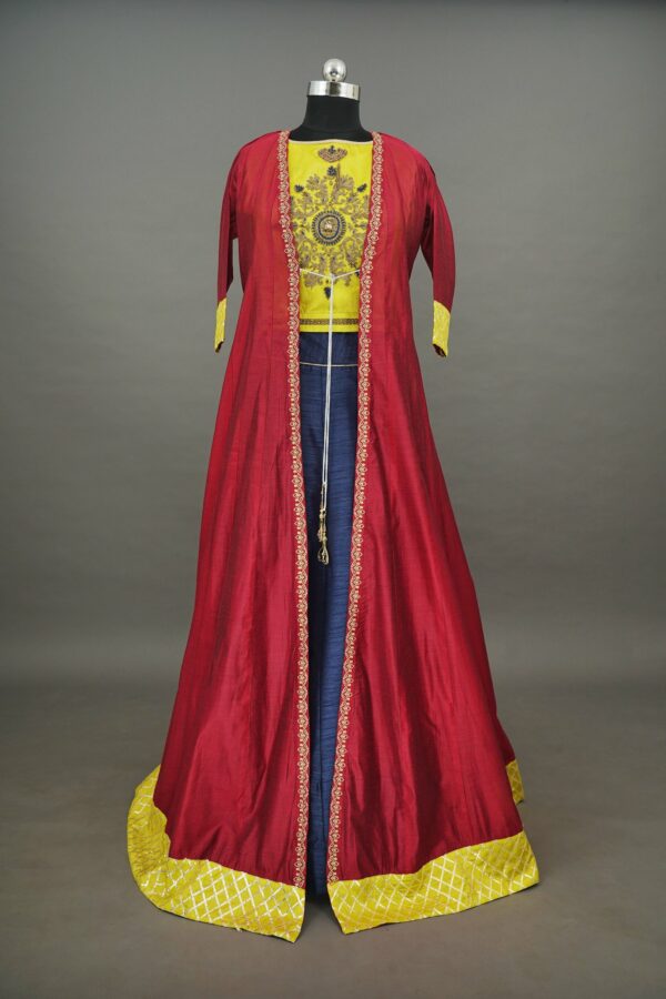 Yellow floral design top with dark blue bottom and red coat lehenga