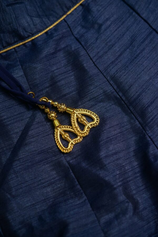 Yellow floral design top with dark blue bottom and red coat lehenga - Image 2