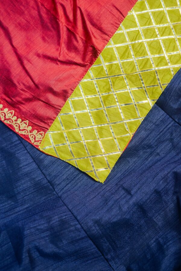 Yellow floral design top with dark blue bottom and red coat lehenga - Image 5