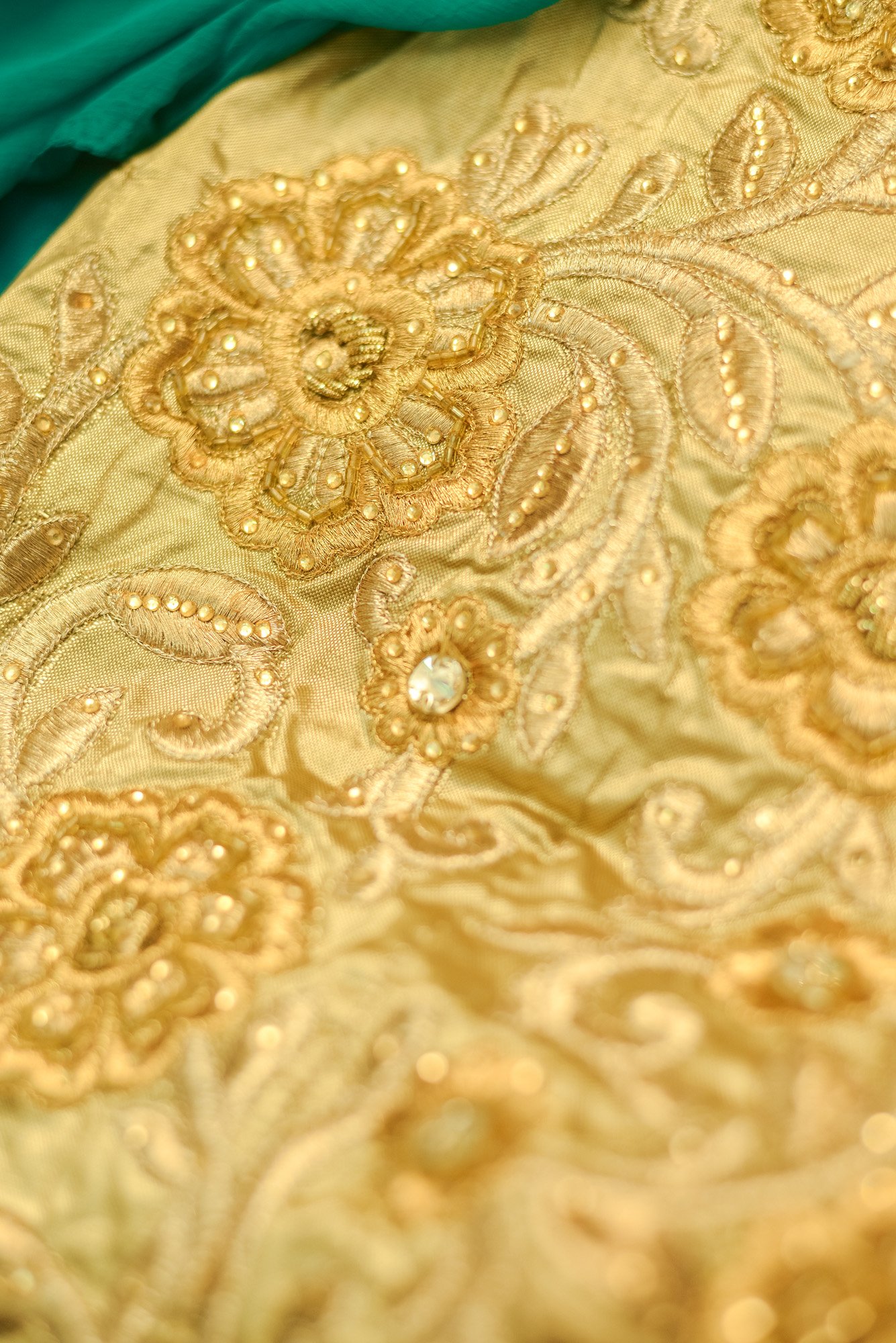 Yellow floral top with green bottom lehenga - Image 4
