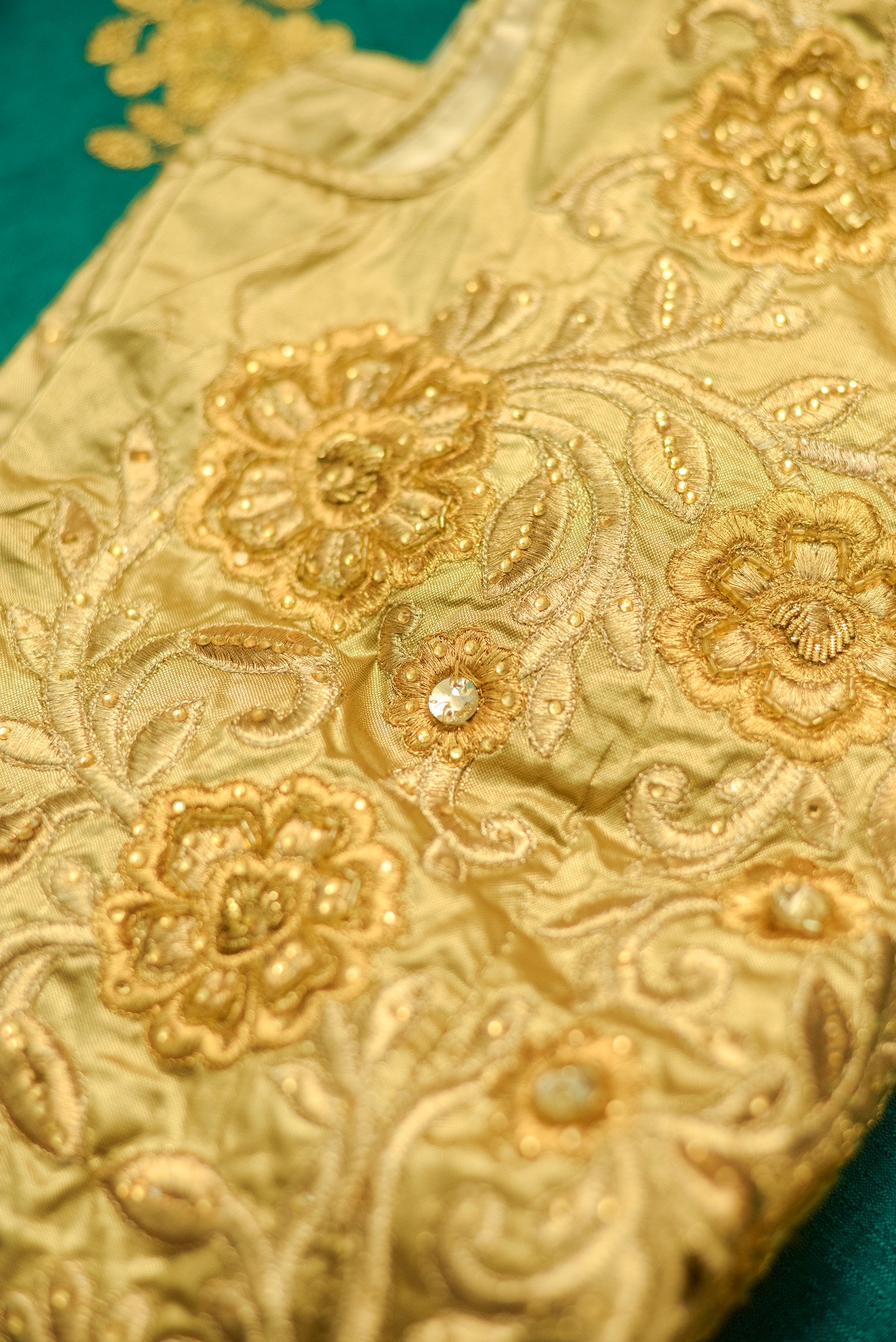 Yellow floral top with green bottom lehenga - Image 5