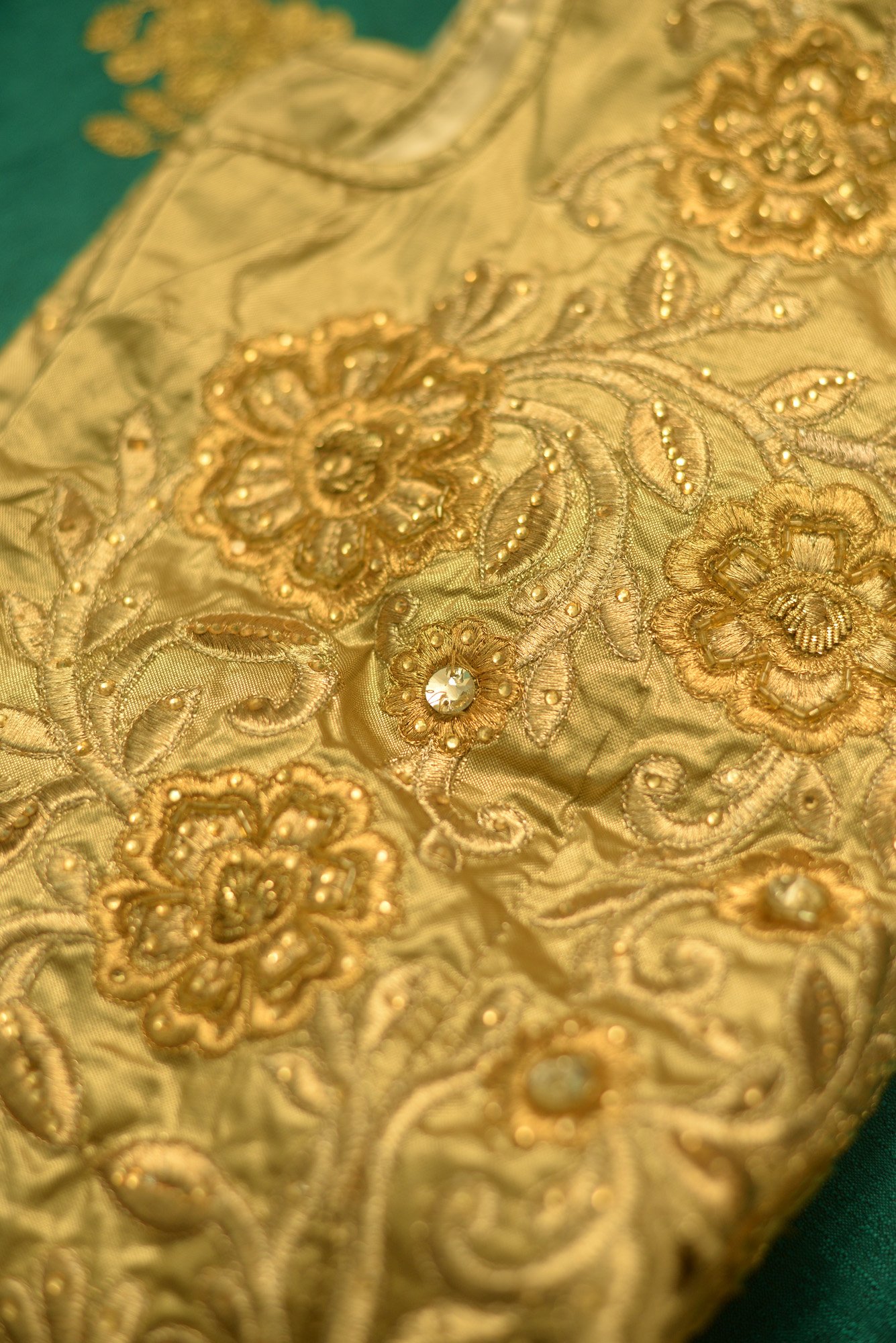 Yellow floral top with green bottom lehenga - Image 6