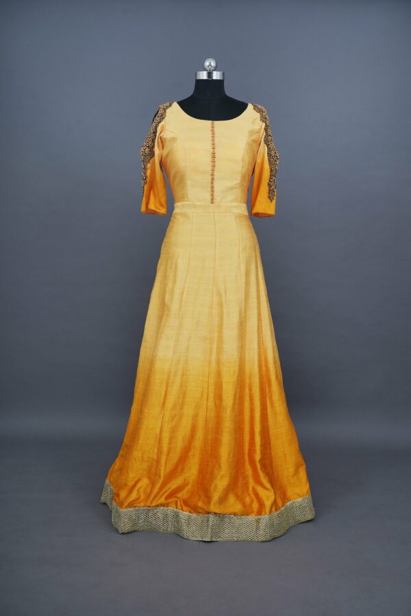 Yellow Gradient with brown design bottom lehenga
