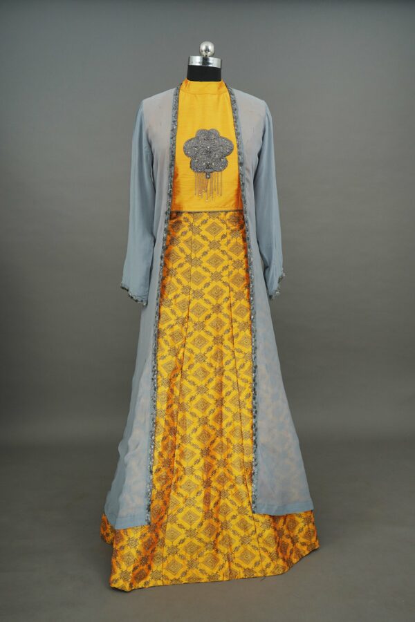 Yellow top and bottom with grey coat lehenga