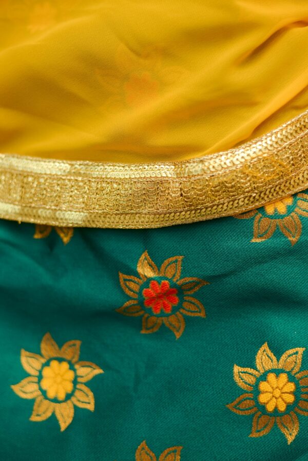 Yellow top and green bottom with floral design lehenga - Image 2