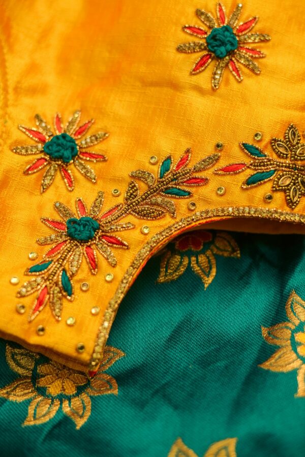Yellow top and green bottom with floral design lehenga - Image 3