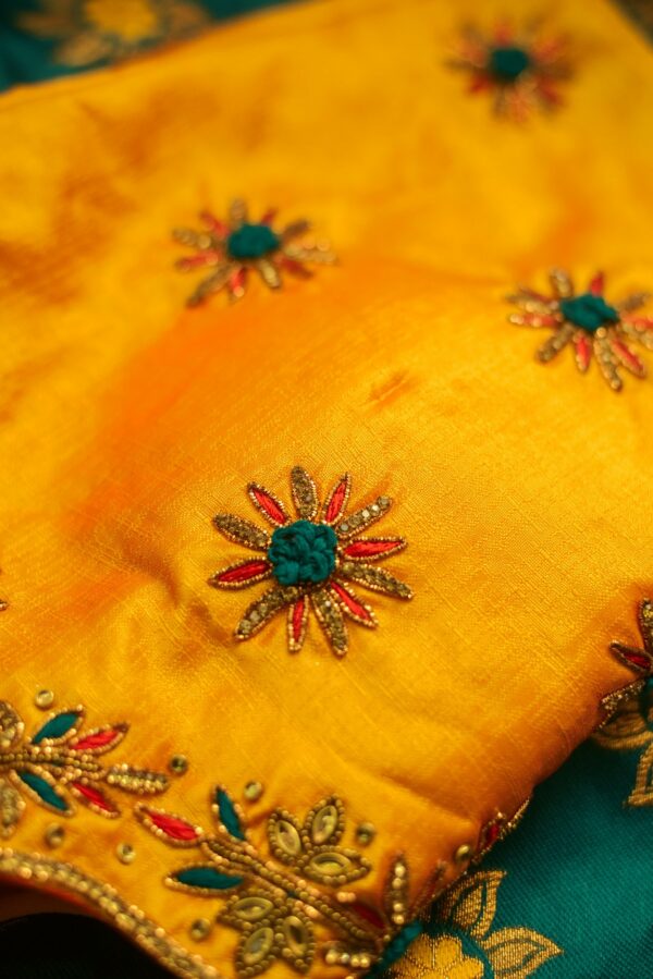 Yellow top and green bottom with floral design lehenga - Image 4