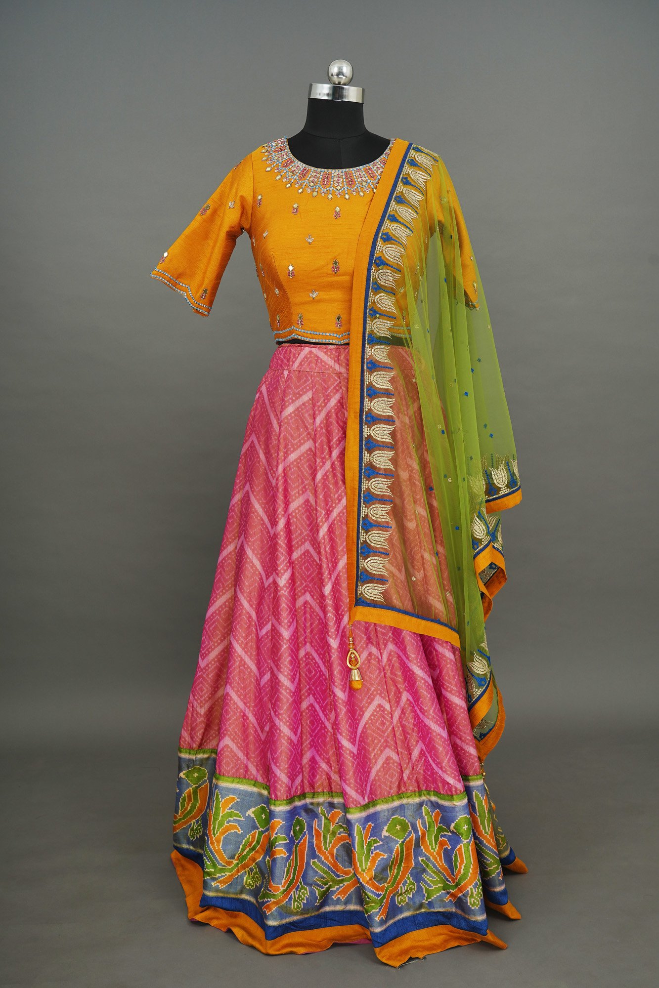 Yellow top with pink bottom lehenga