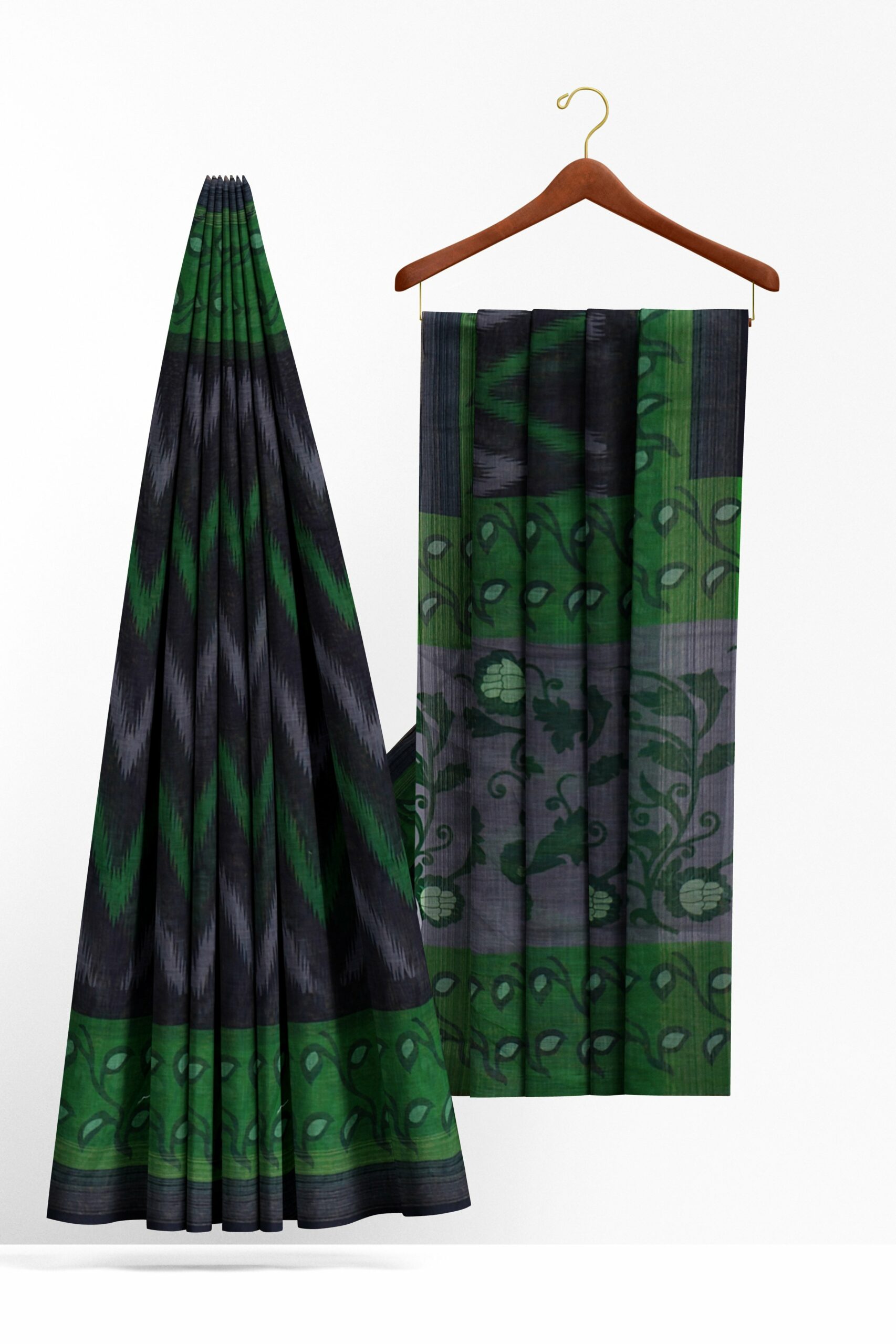 Black saree with dark green border - Image 2