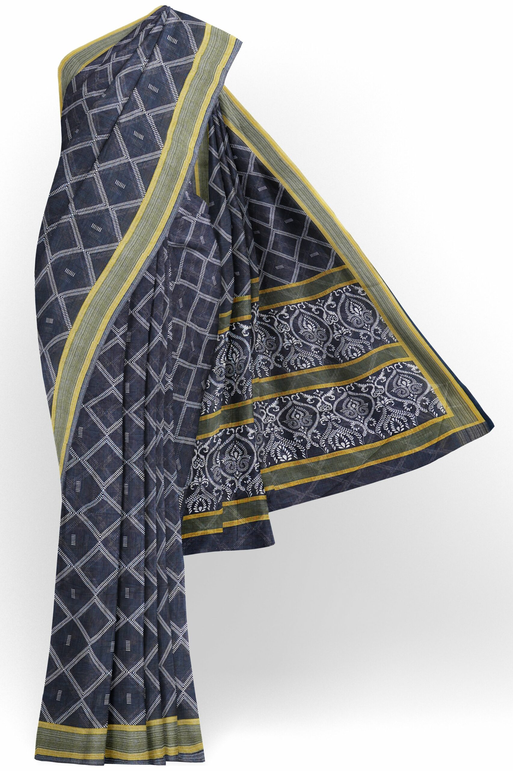Black saree with green yellow border