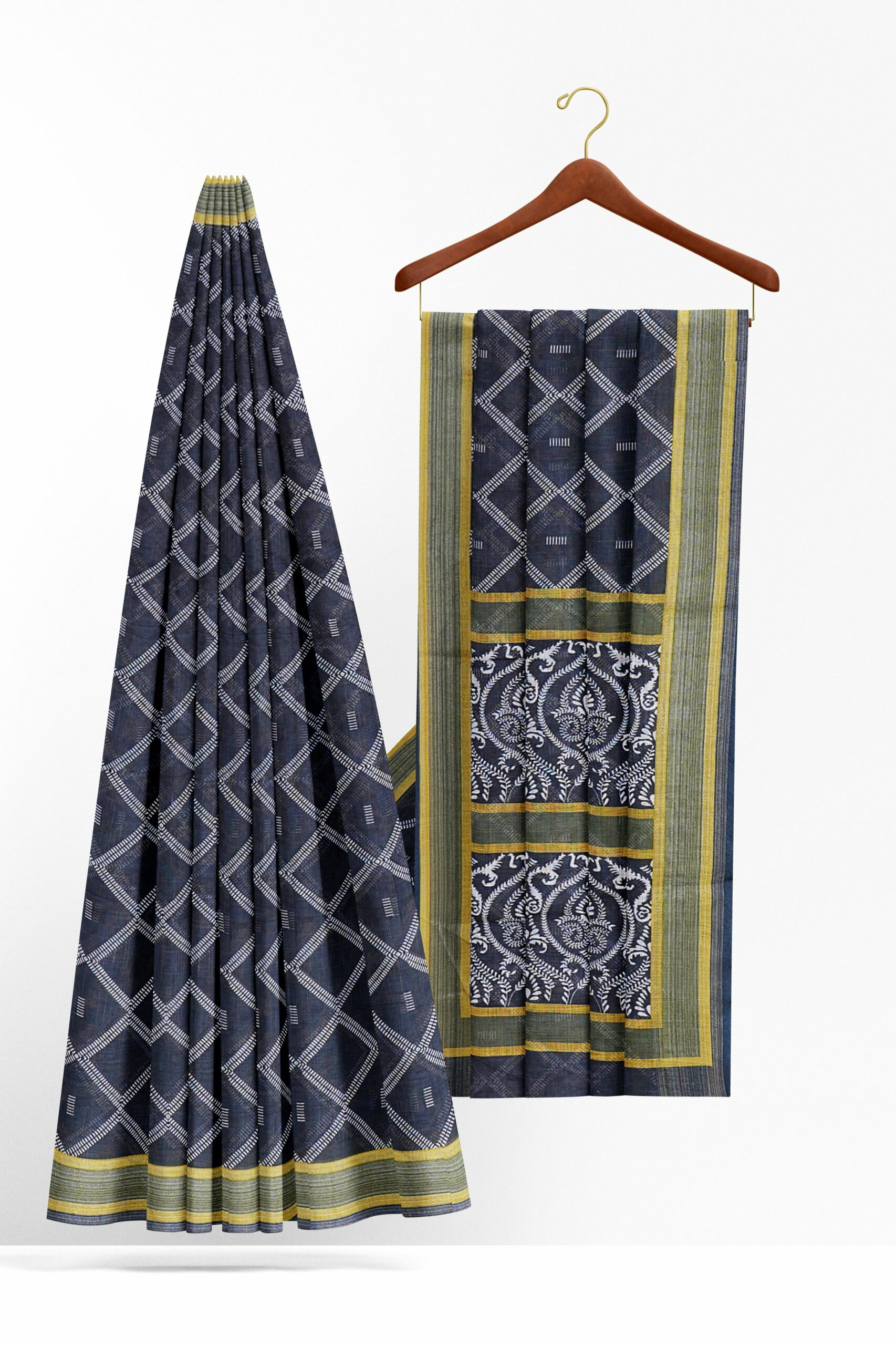 Black saree with green yellow border - Image 2