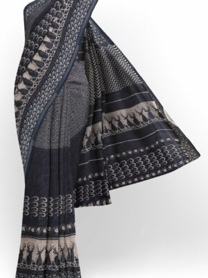 Black saree with white design black border