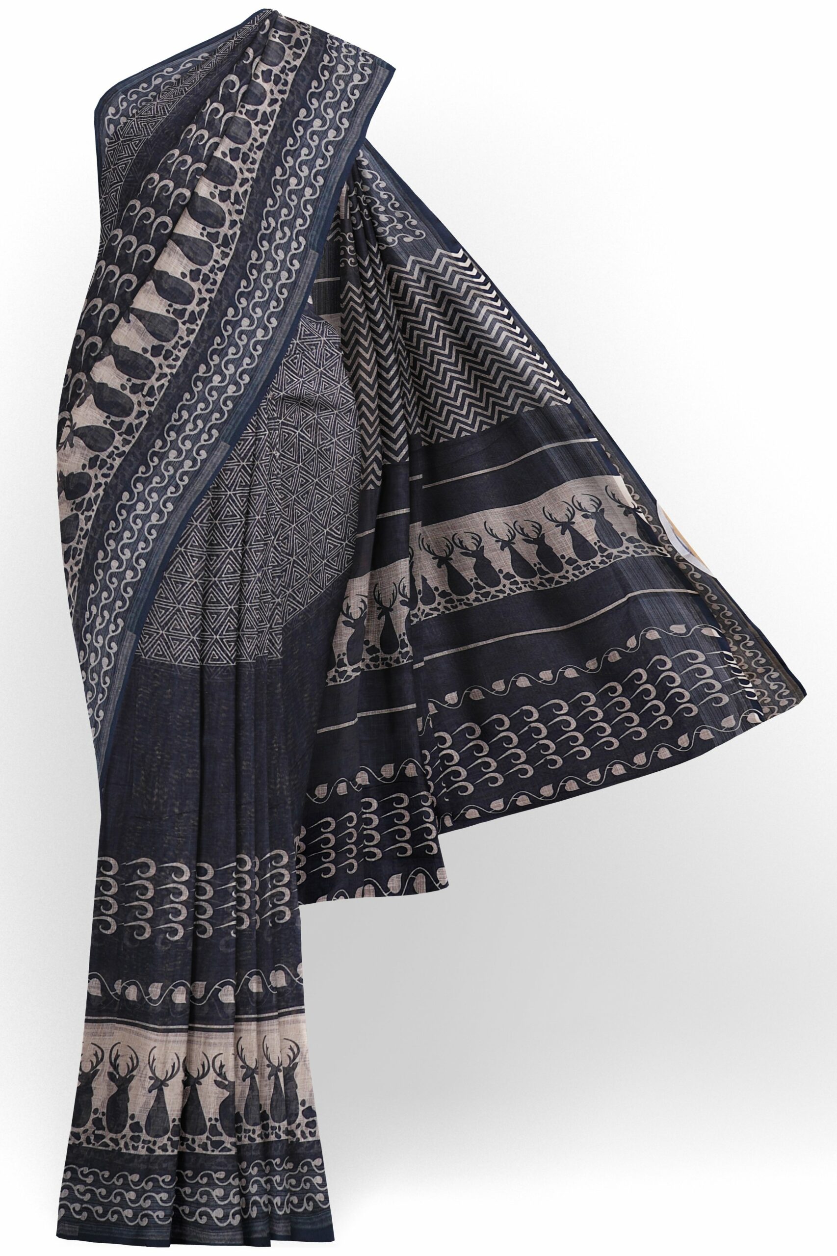 Black saree with white design black border