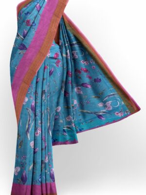 Blue saree with pink and brown border