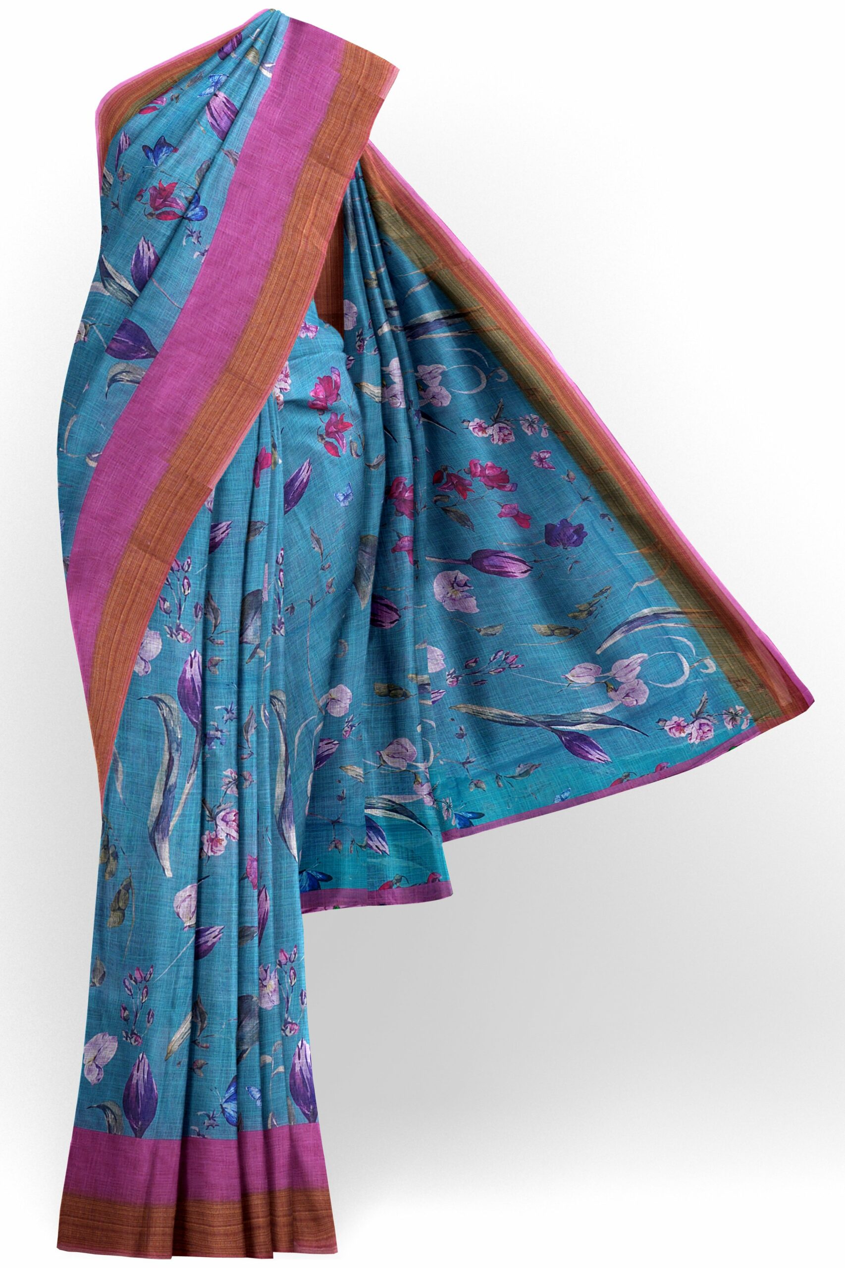 Blue saree with pink and brown border