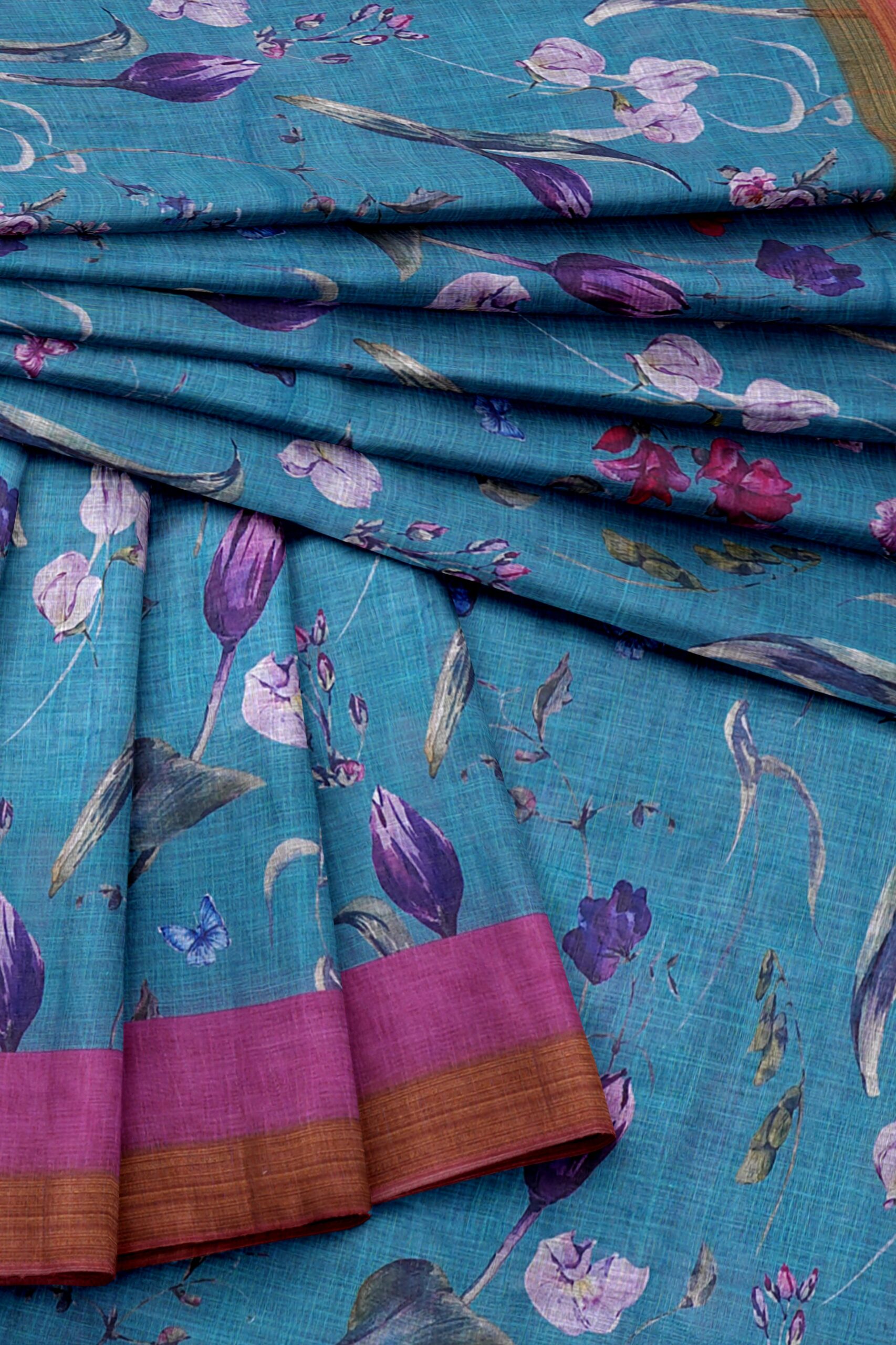 Blue saree with pink and brown border - Image 5