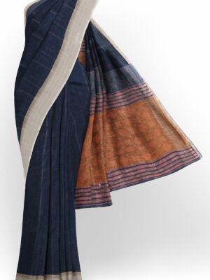 Dark blue saree with half white border