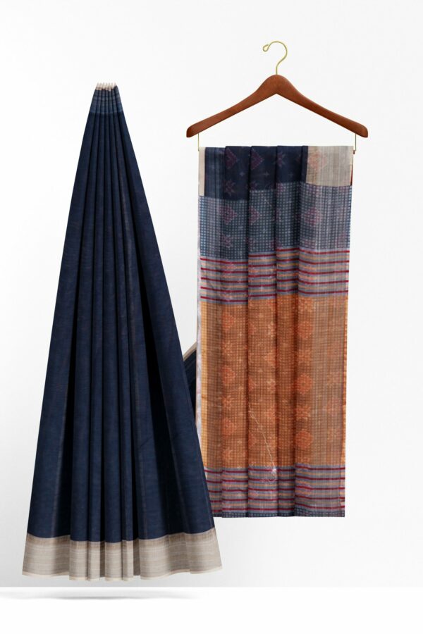 Dark blue saree with half white border - Image 2