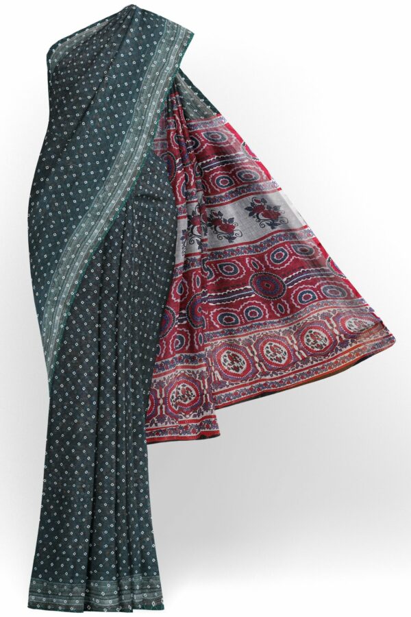 Dark green saree with white border