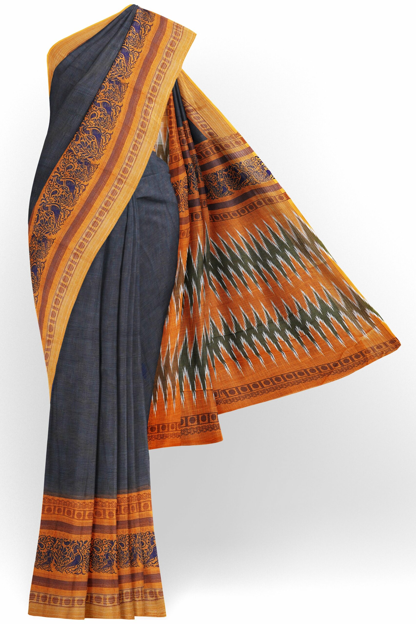 Grey saree with yellow border