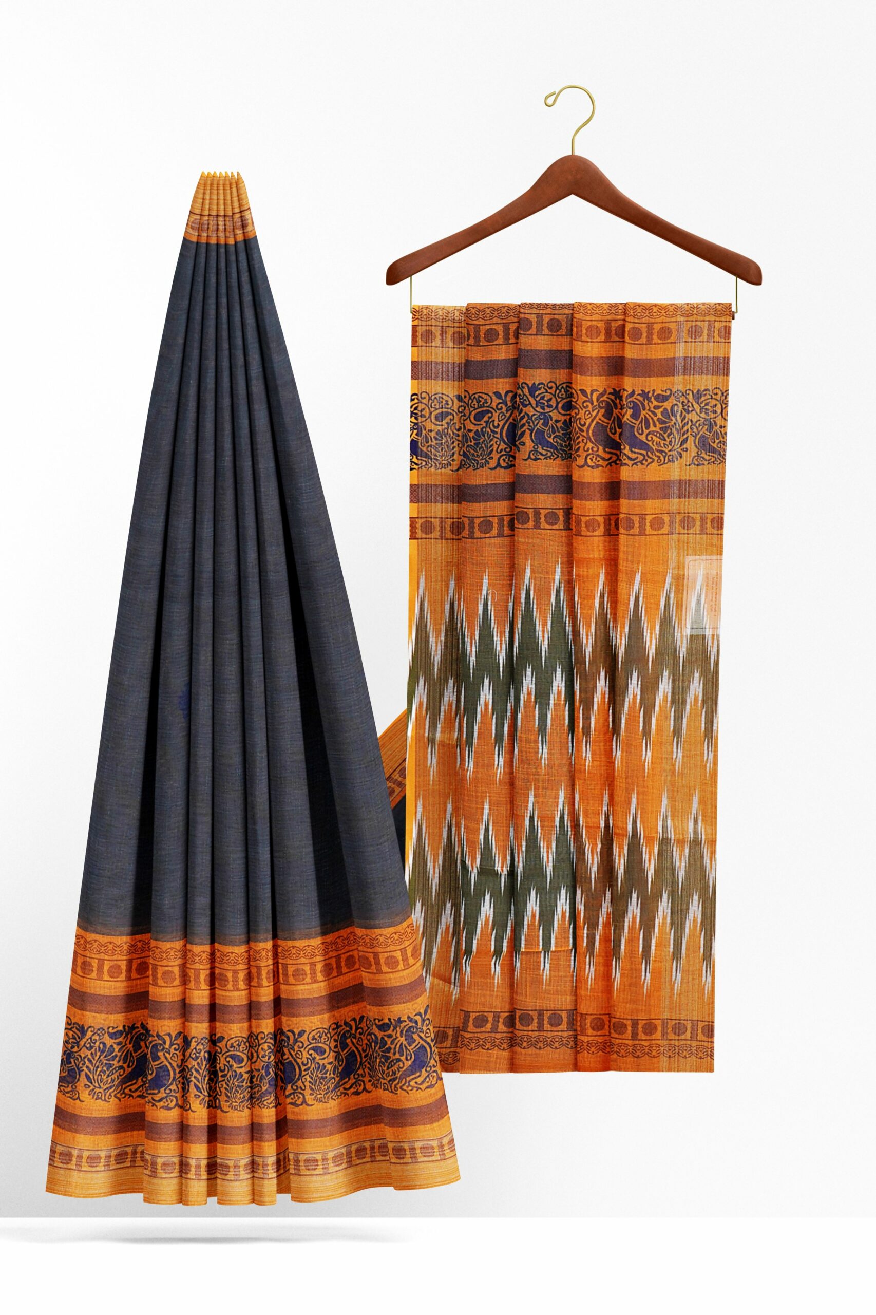 Grey saree with yellow border - Image 2