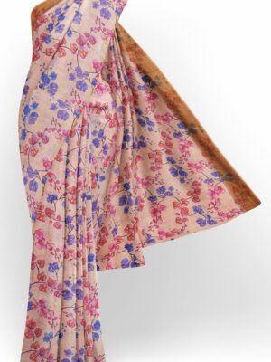 Half white floral saree with brown border