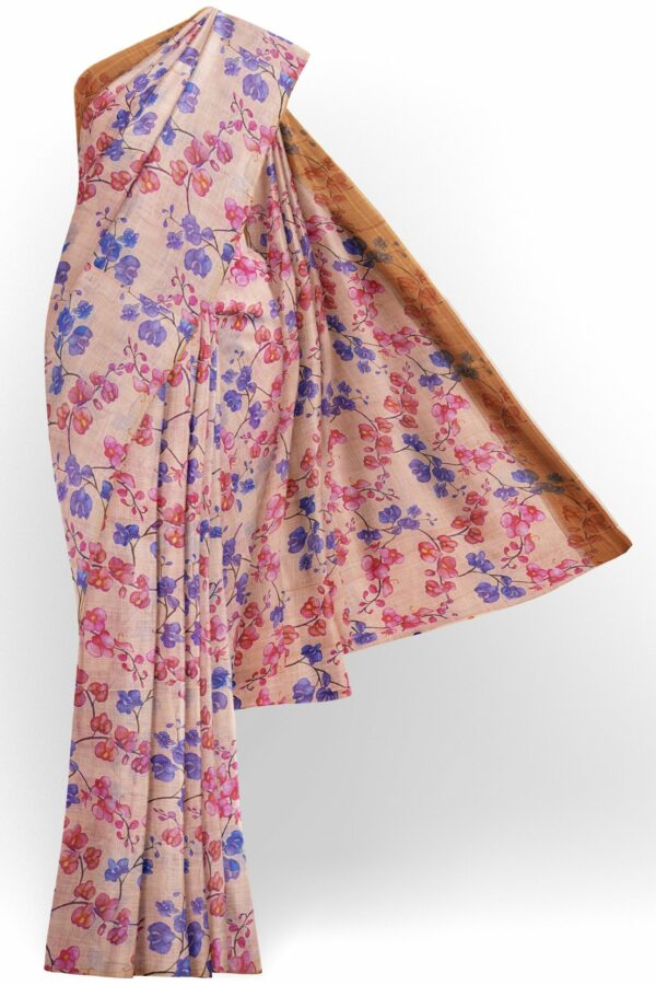 Half white floral saree with brown border