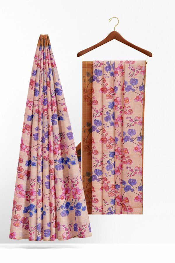 Half white floral saree with brown border - Image 2