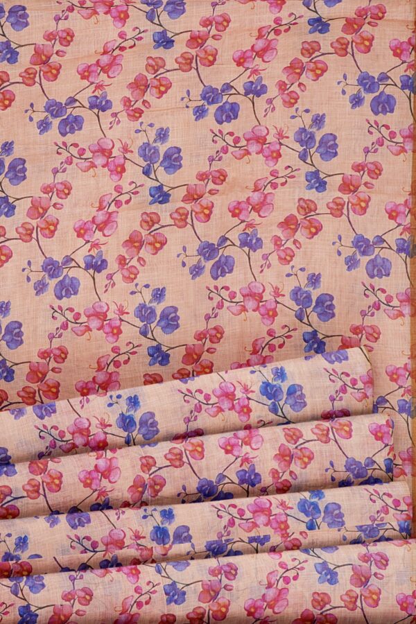 Half white floral saree with brown border - Image 4