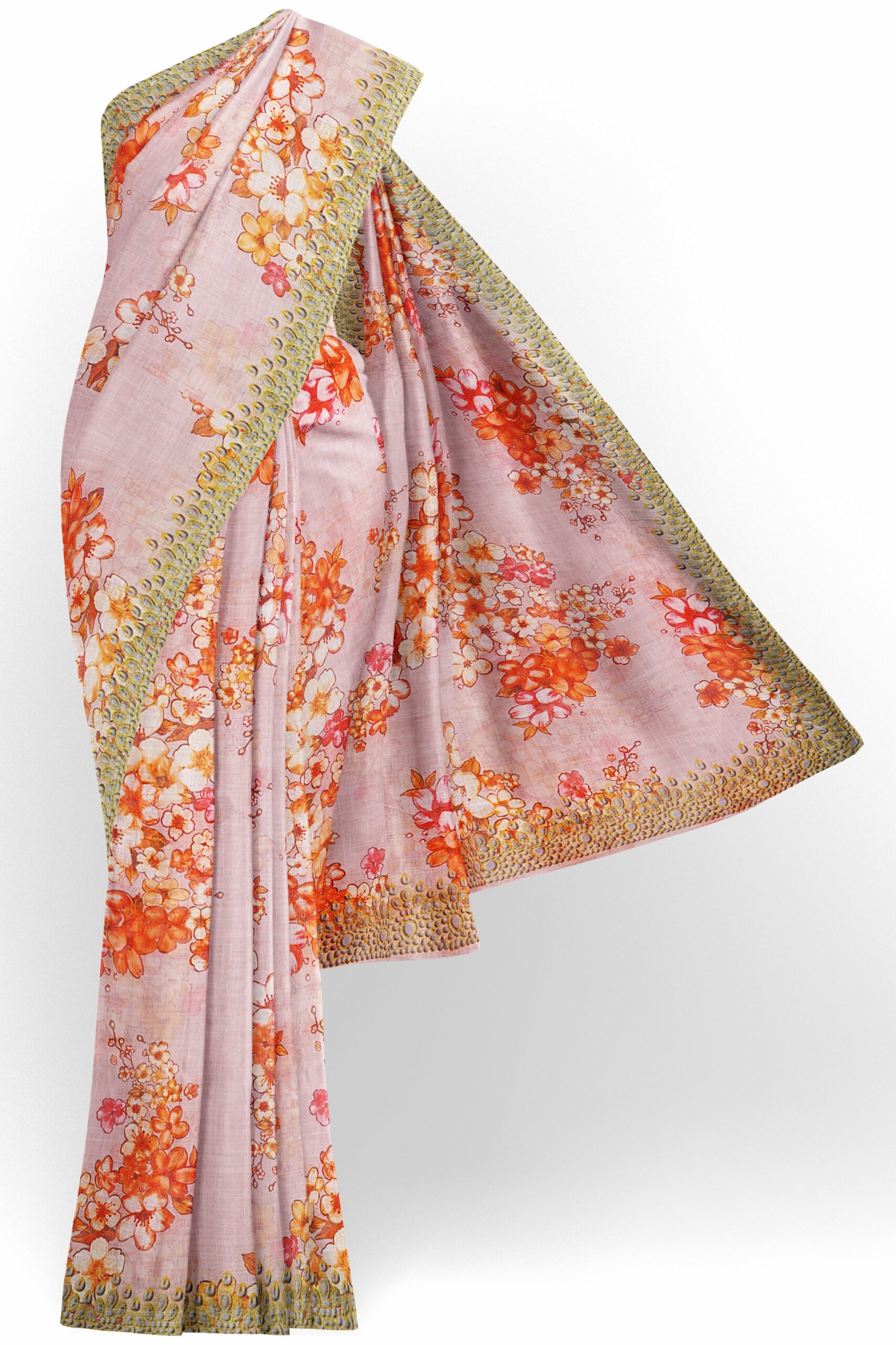 Half white saree with green design border