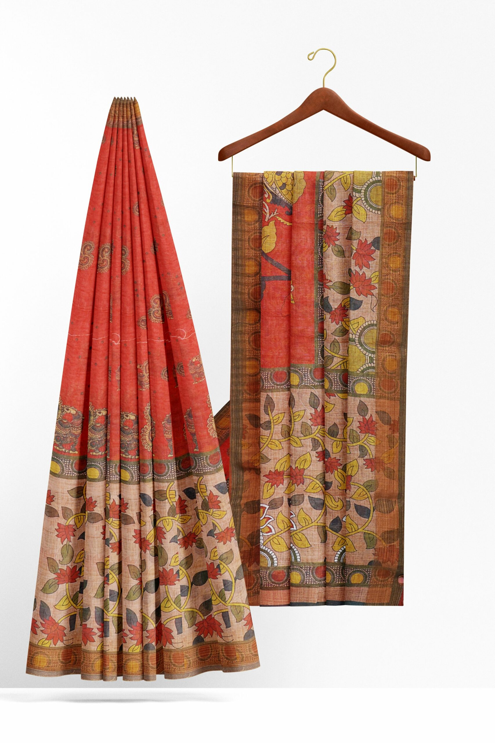 Orange saree with brown border - Image 2