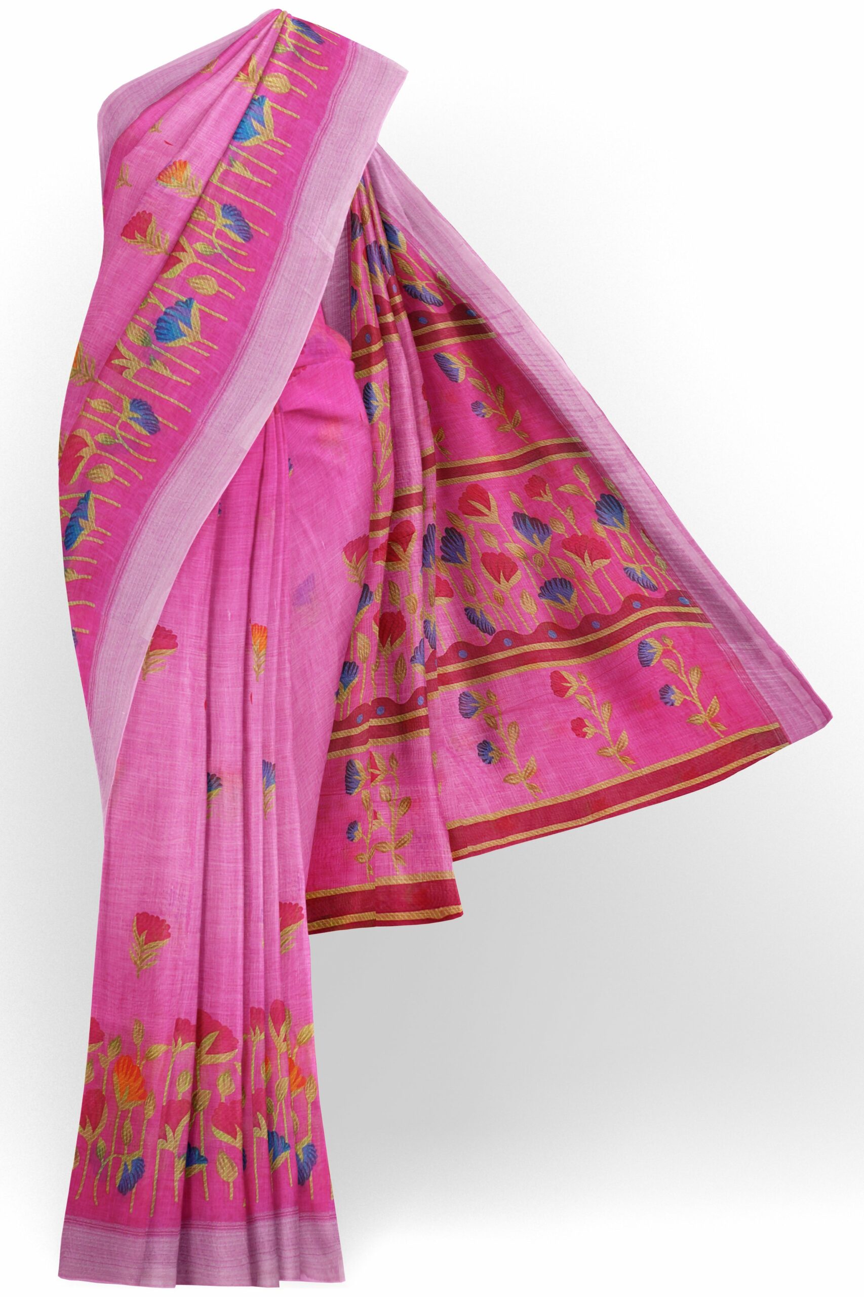 Pink saree with white border