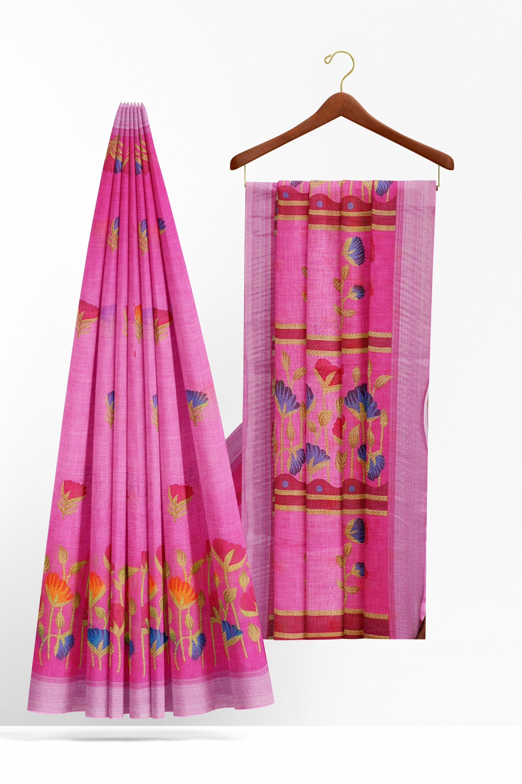 Pink saree with white border - Image 2