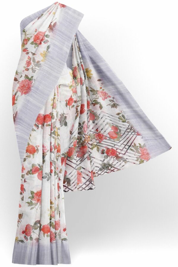 White floral design saree with bluish white border