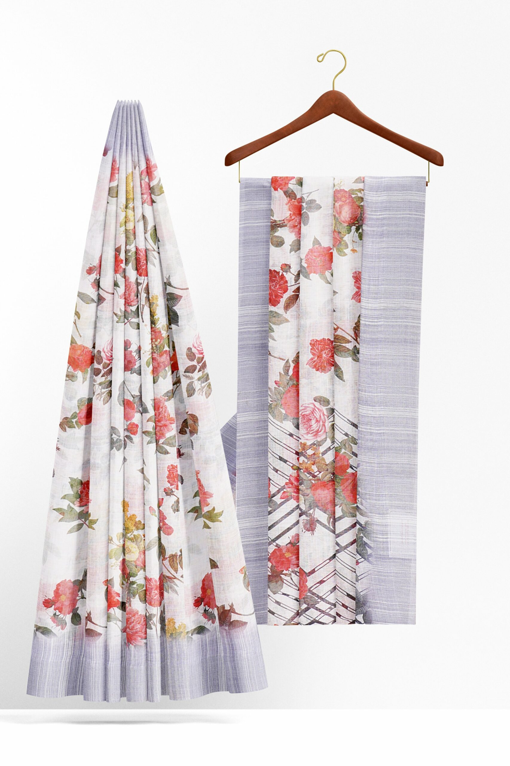 White floral design saree with bluish white border - Image 2