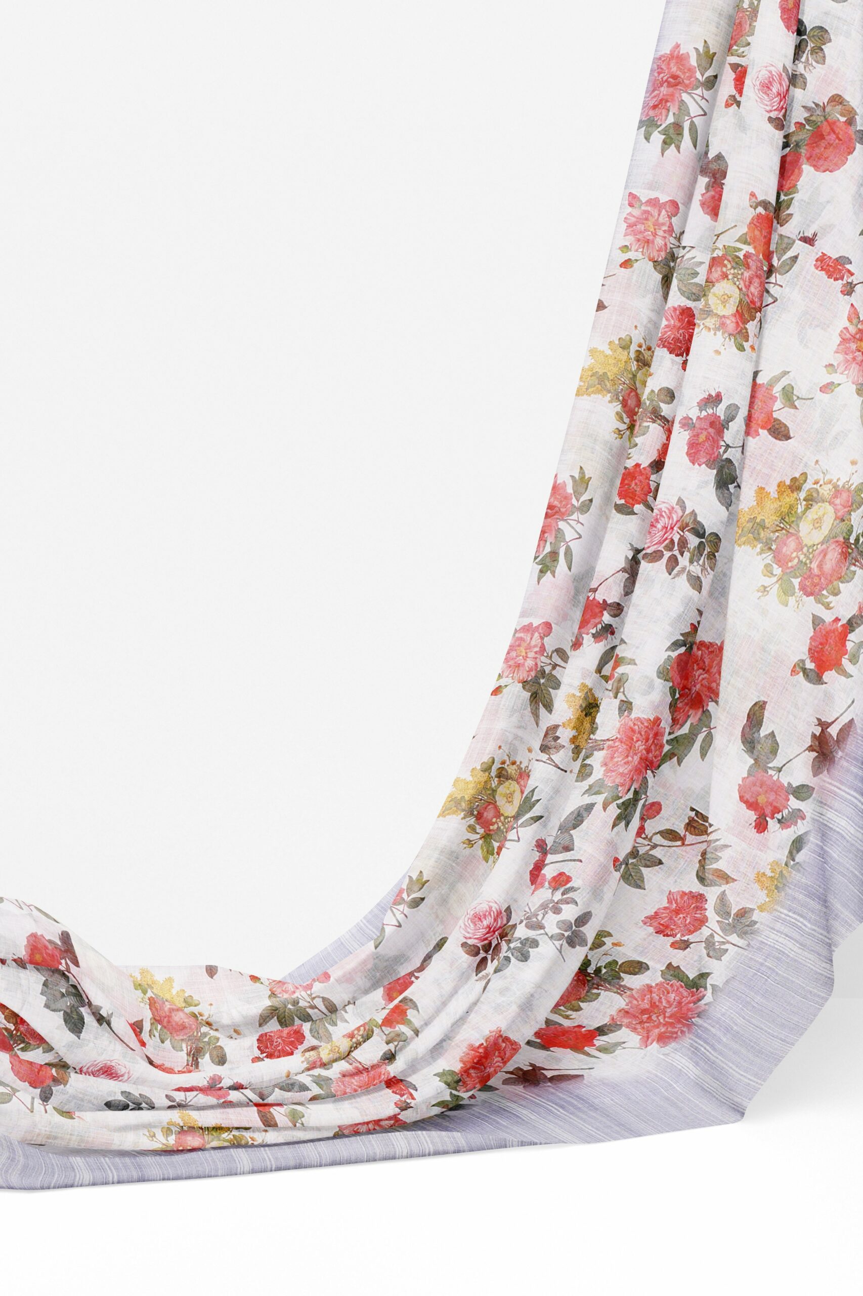 White floral design saree with bluish white border - Image 3