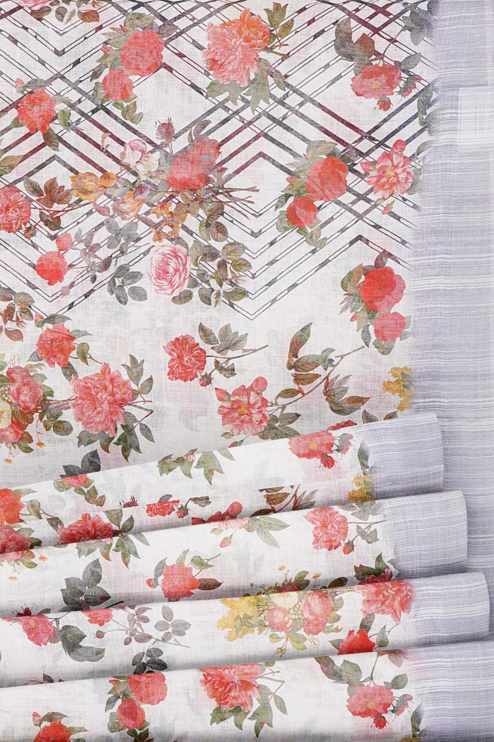 White floral design saree with bluish white border - Image 4