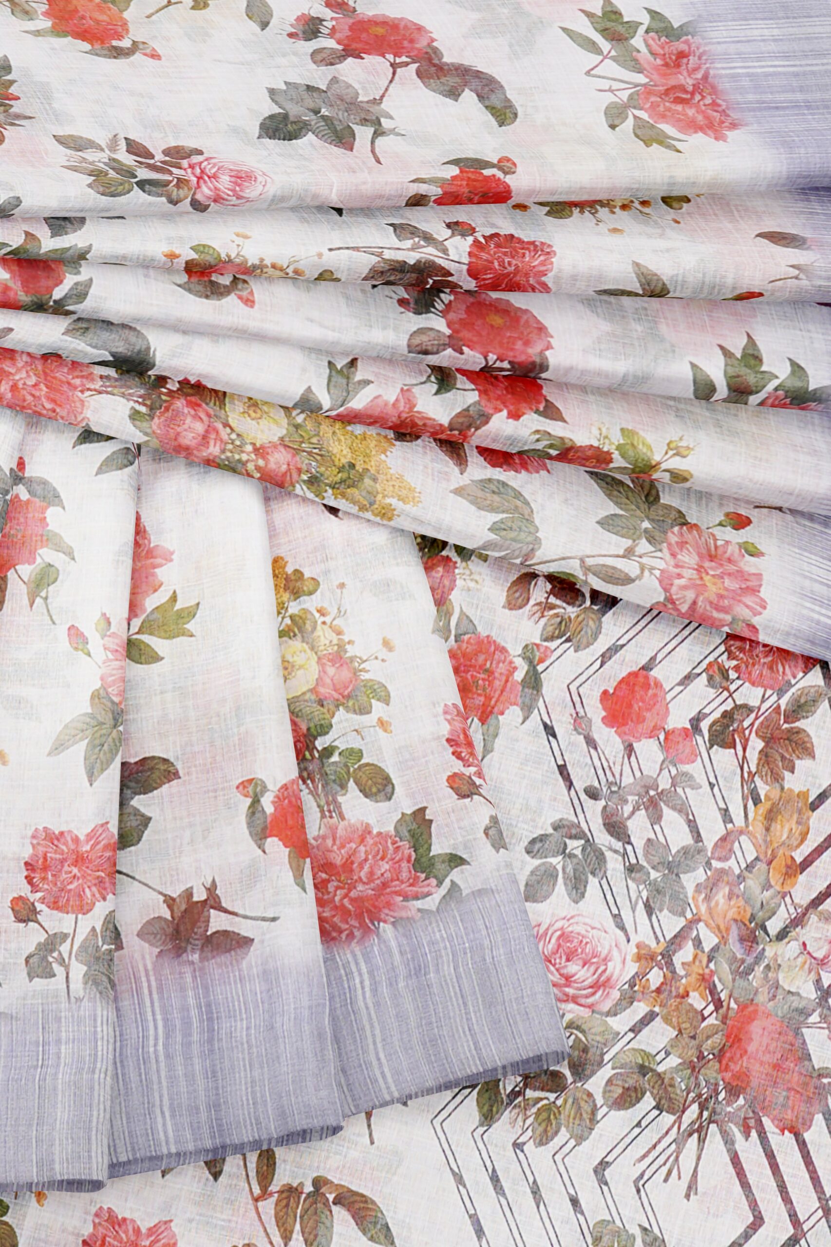 White floral design saree with bluish white border - Image 5