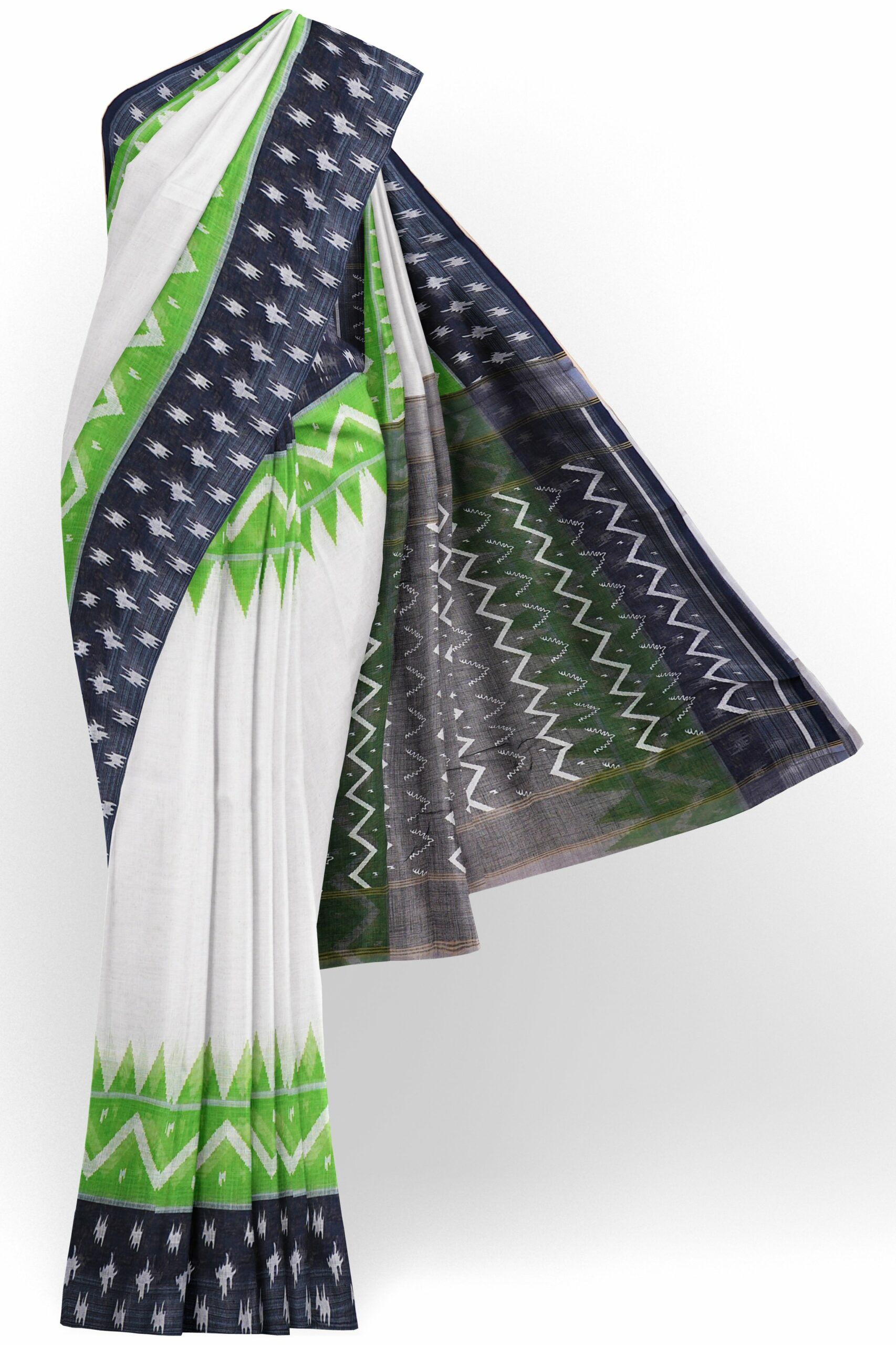 White saree with black and green border