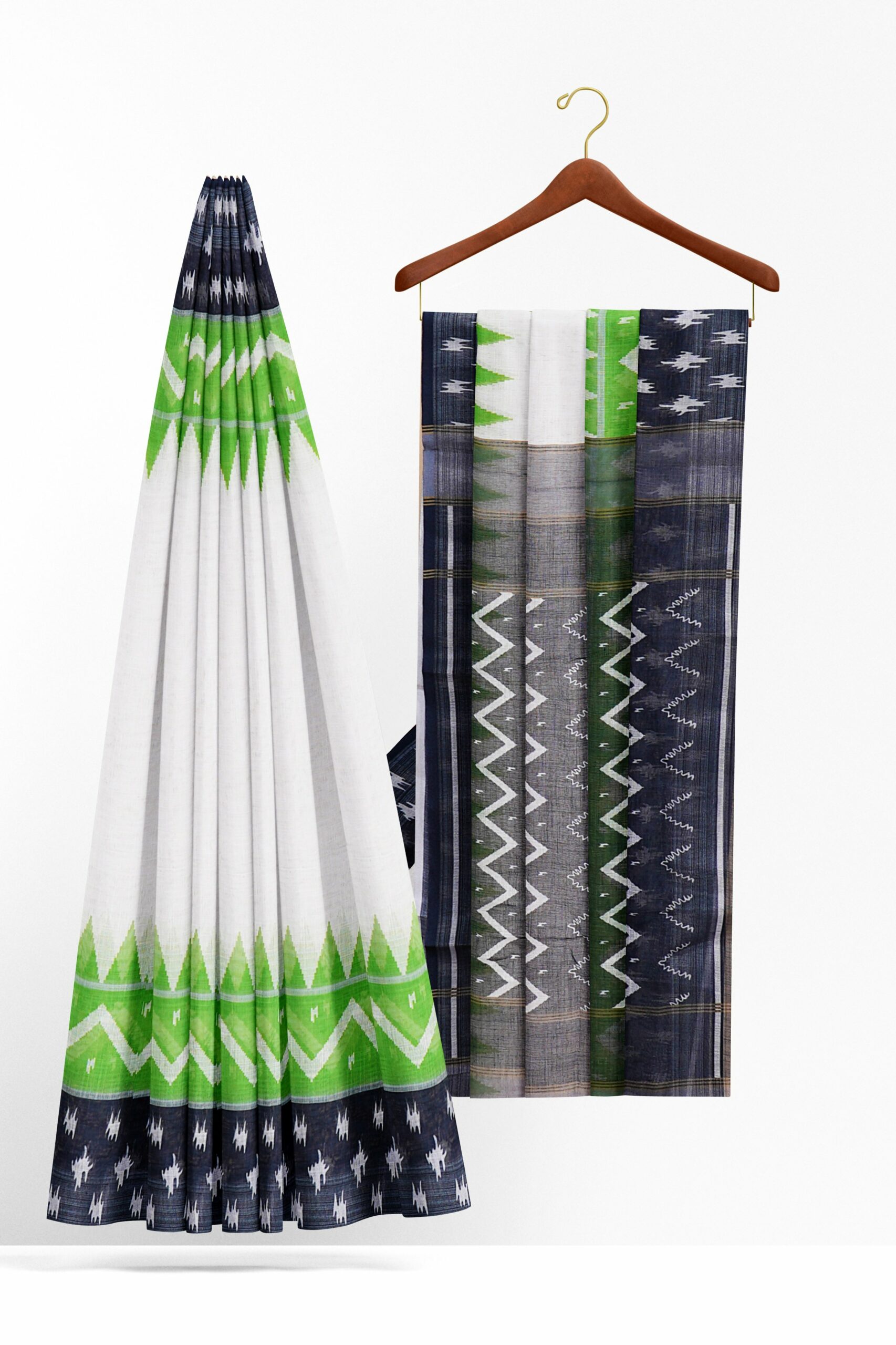 White saree with black and green border - Image 2