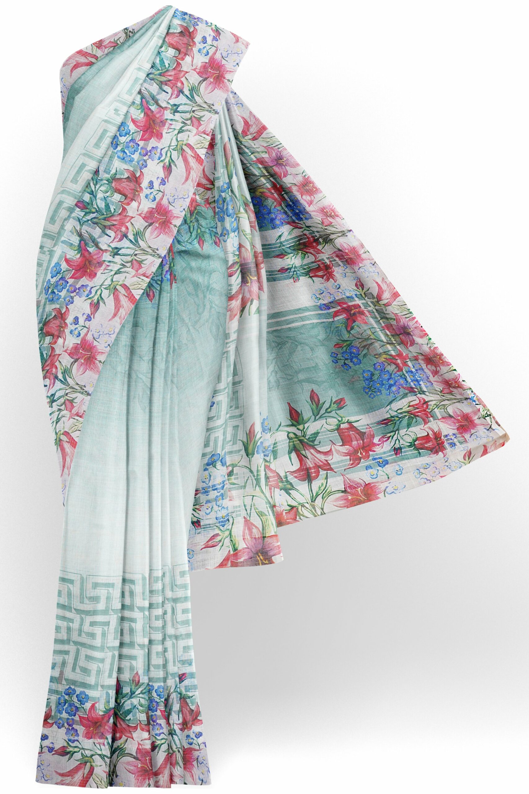 White saree with floral design border