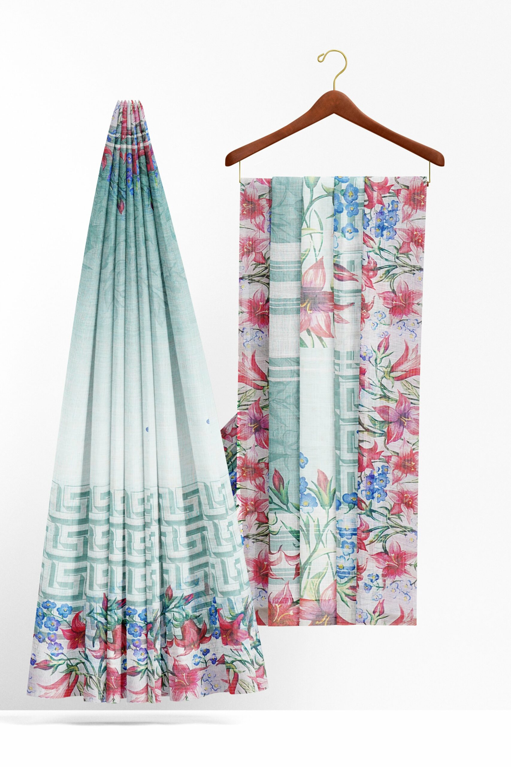 White saree with floral design border - Image 2