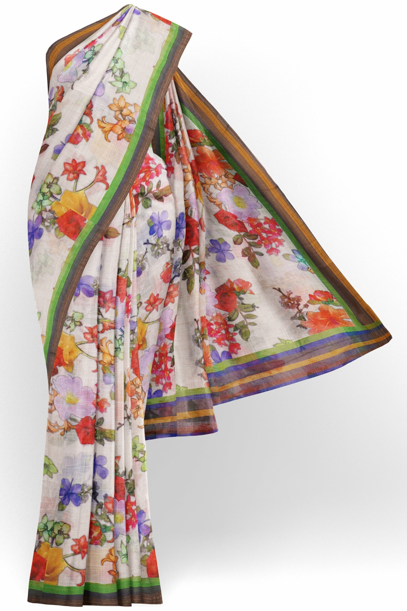 White saree with green grey border