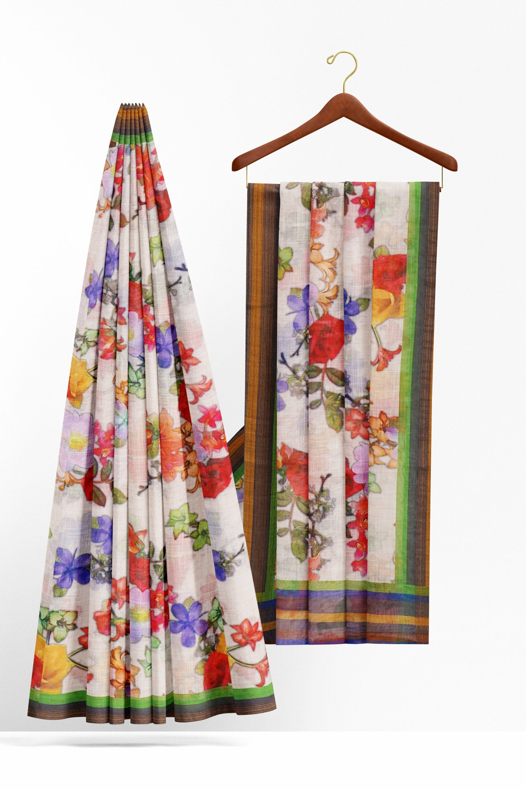 White saree with green grey border - Image 2